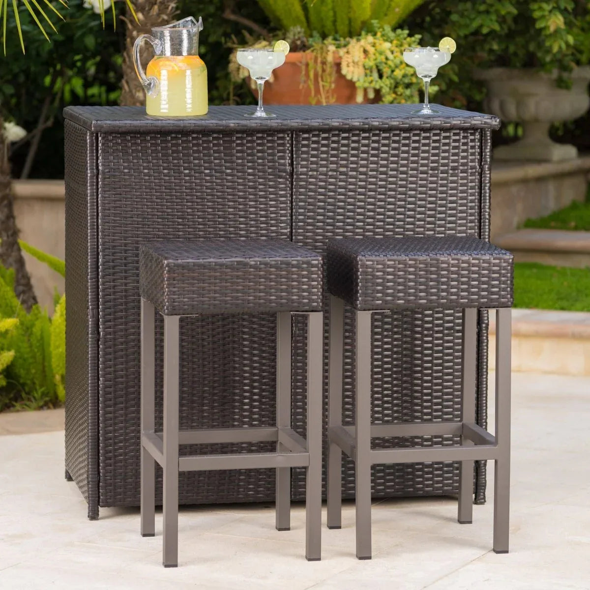 Rattan Brown Multi Bar Island With Stools and Storage - Omega Lifestyles