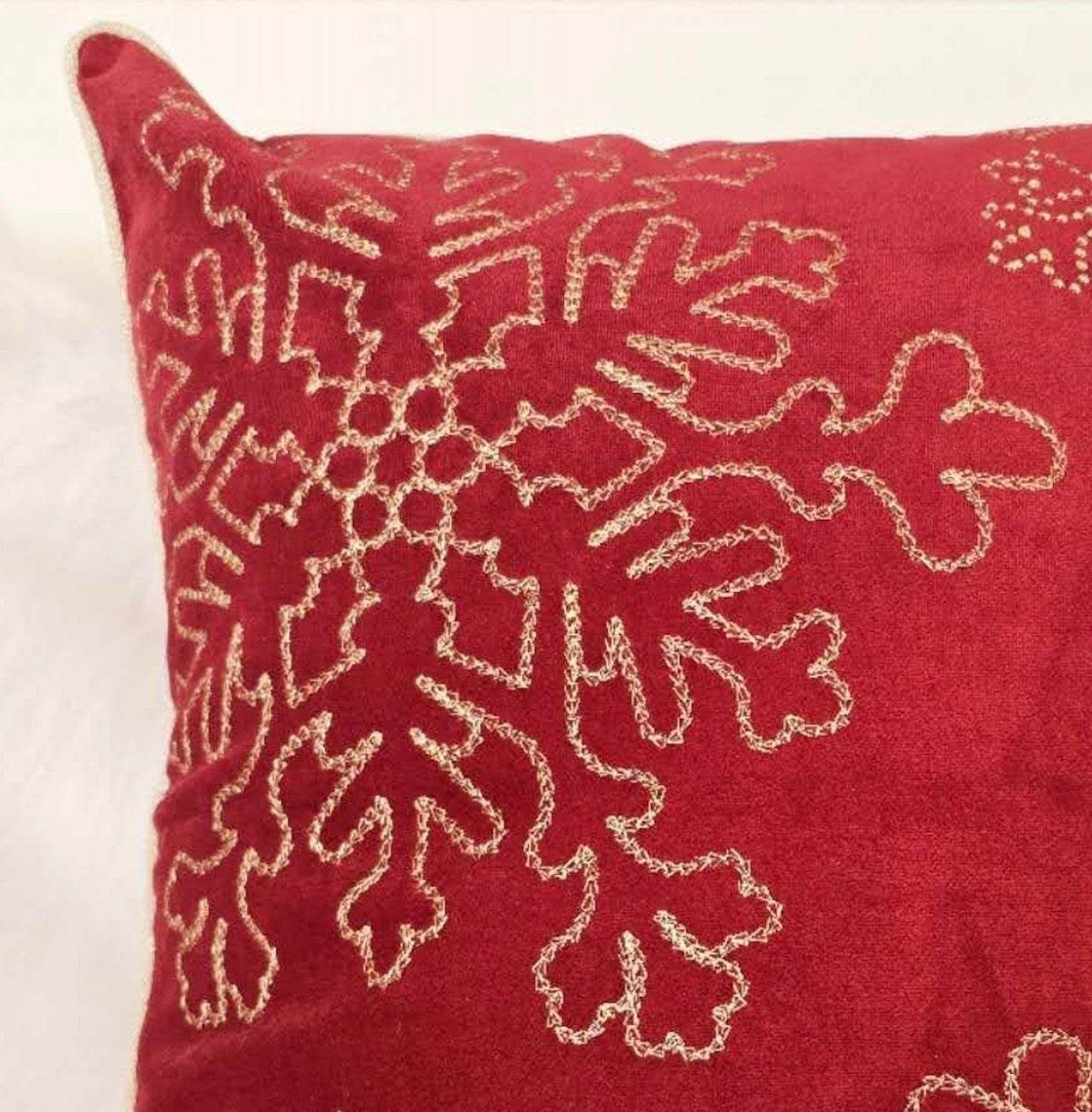 Red Velvet Holiday Throw Pillow With Gold Snowflake Embroidery - Serenova - Omega Lifestyles