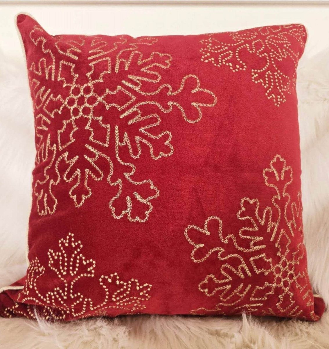 Red Velvet Holiday Throw Pillow With Gold Snowflake Embroidery - Serenova - Omega Lifestyles