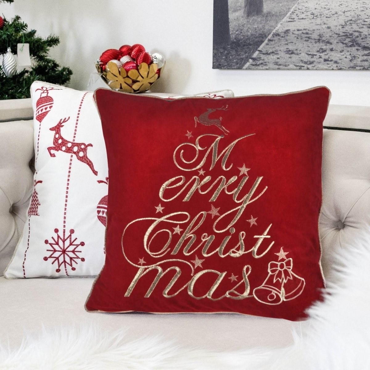 Red Velvet Merry Christmas Embroidered Throw Pillow 20x20 - Serenova - Omega Lifestyles