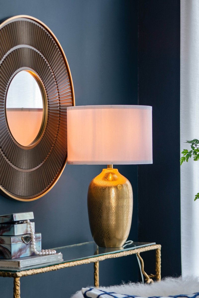 Round Aluminum Gold Table Lamp With White Fabric Shade - Sleep Galleria