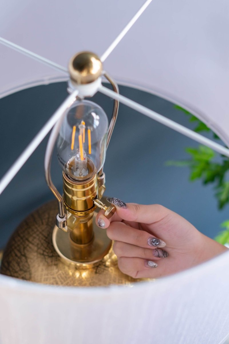 Round Aluminum Gold Table Lamp With White Fabric Shade - Sleep Galleria