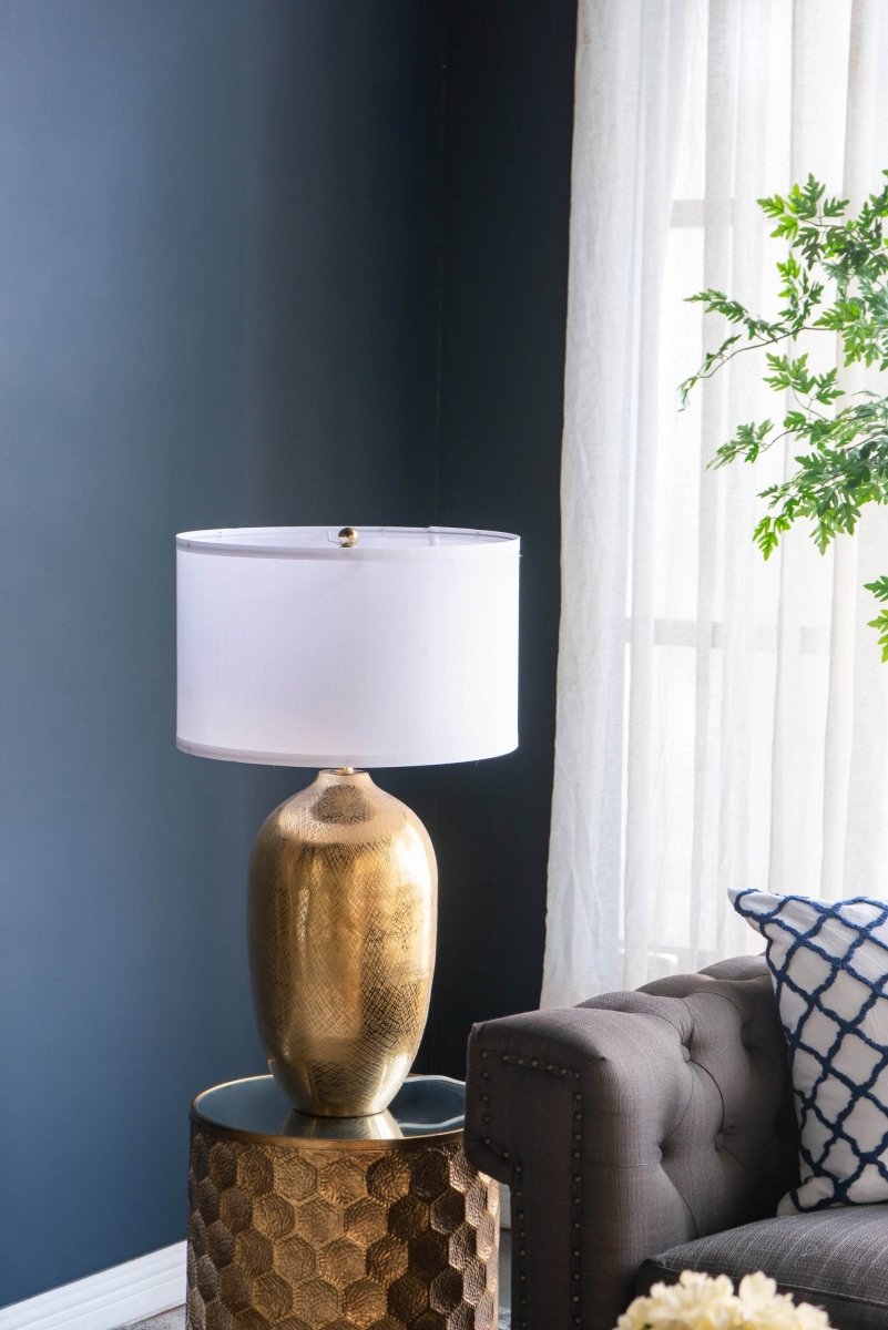 Round Aluminum Gold Table Lamp With White Fabric Shade - Sleep Galleria