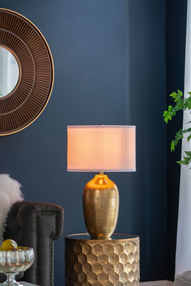 Round Aluminum Gold Table Lamp With White Fabric Shade - Sleep Galleria