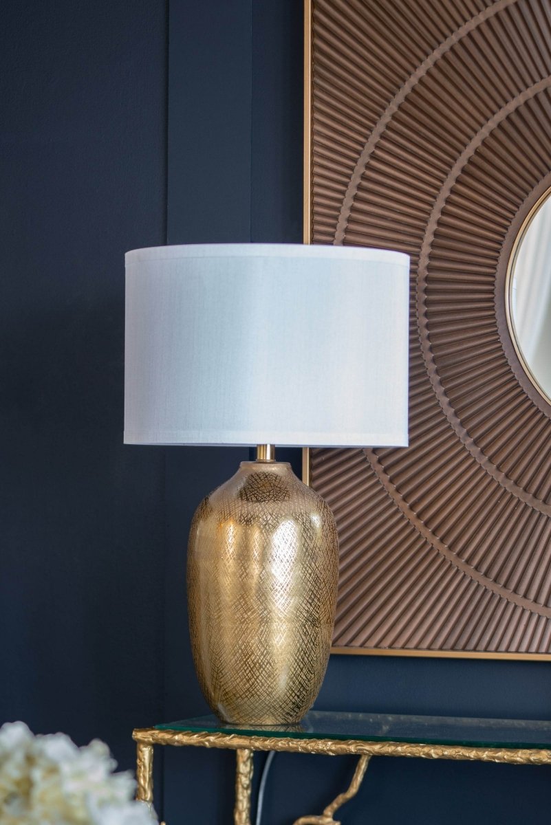Round Aluminum Gold Table Lamp With White Fabric Shade - Sleep Galleria