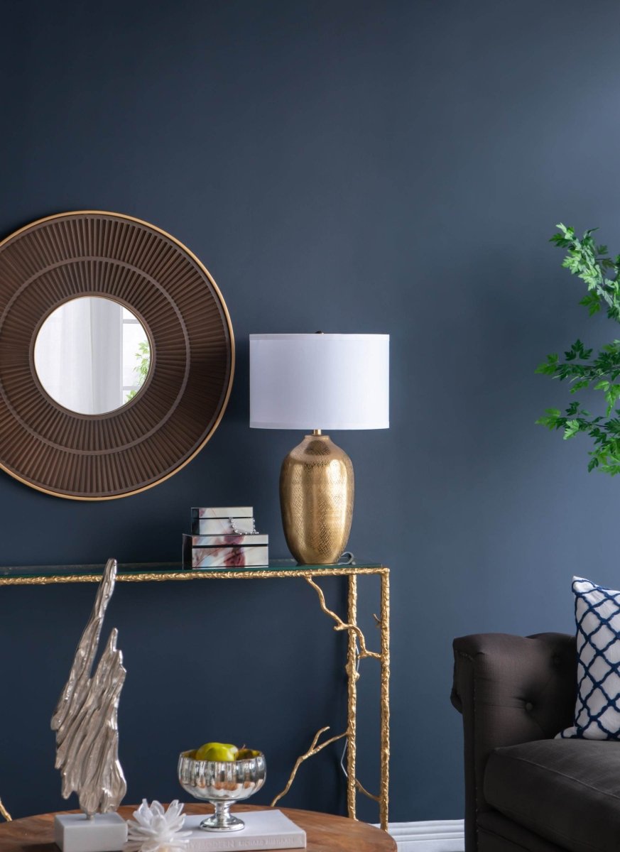 Round Aluminum Gold Table Lamp With White Fabric Shade - Sleep Galleria