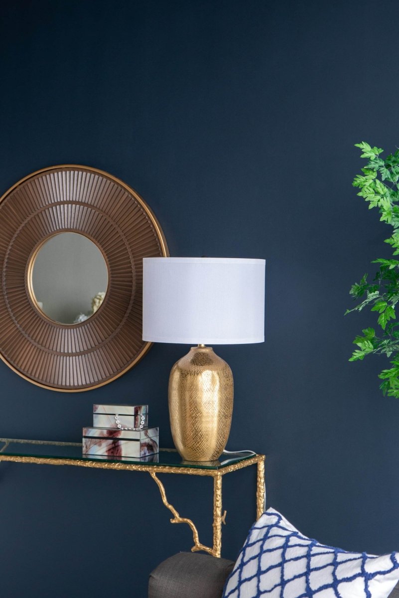 Round Aluminum Gold Table Lamp With White Fabric Shade - Sleep Galleria