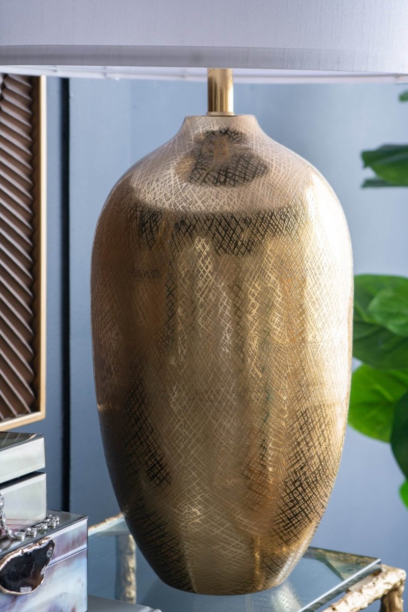 Round Aluminum Gold Table Lamp With White Fabric Shade - Sleep Galleria