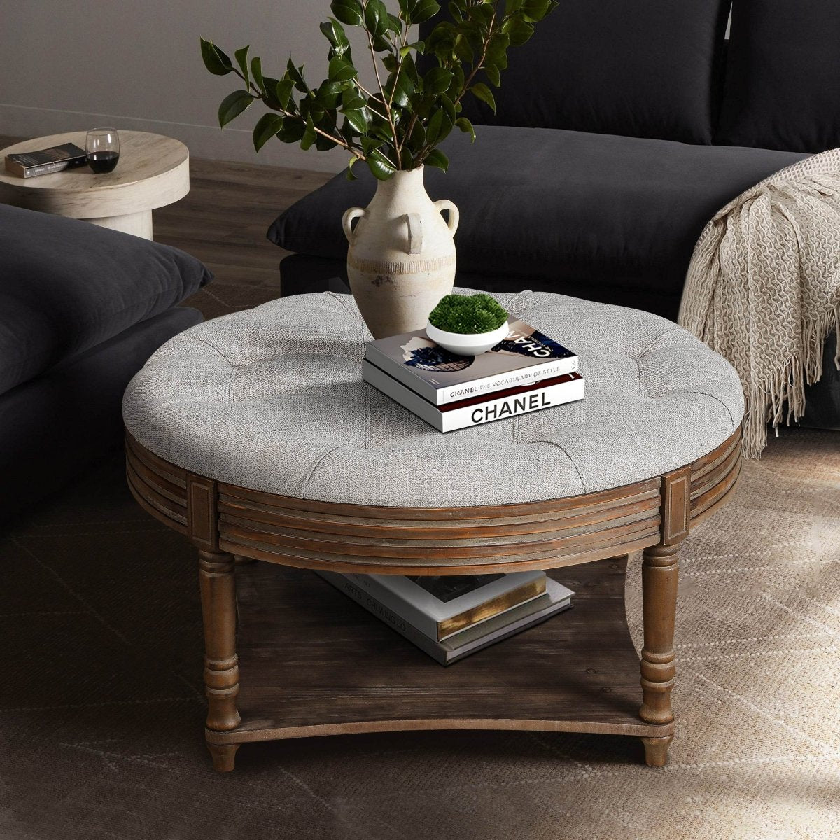 Round Tufted Storage Ottoman Coffee Table With Waterproof Top - Sleep Galleria