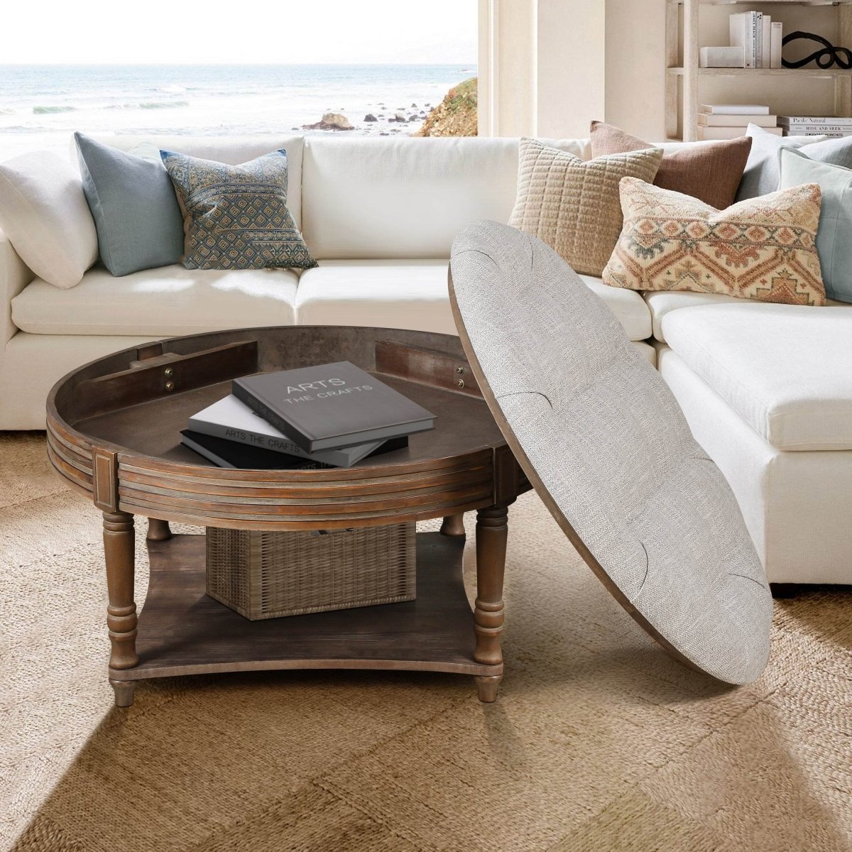 Round Tufted Storage Ottoman Coffee Table With Waterproof Top - Sleep Galleria