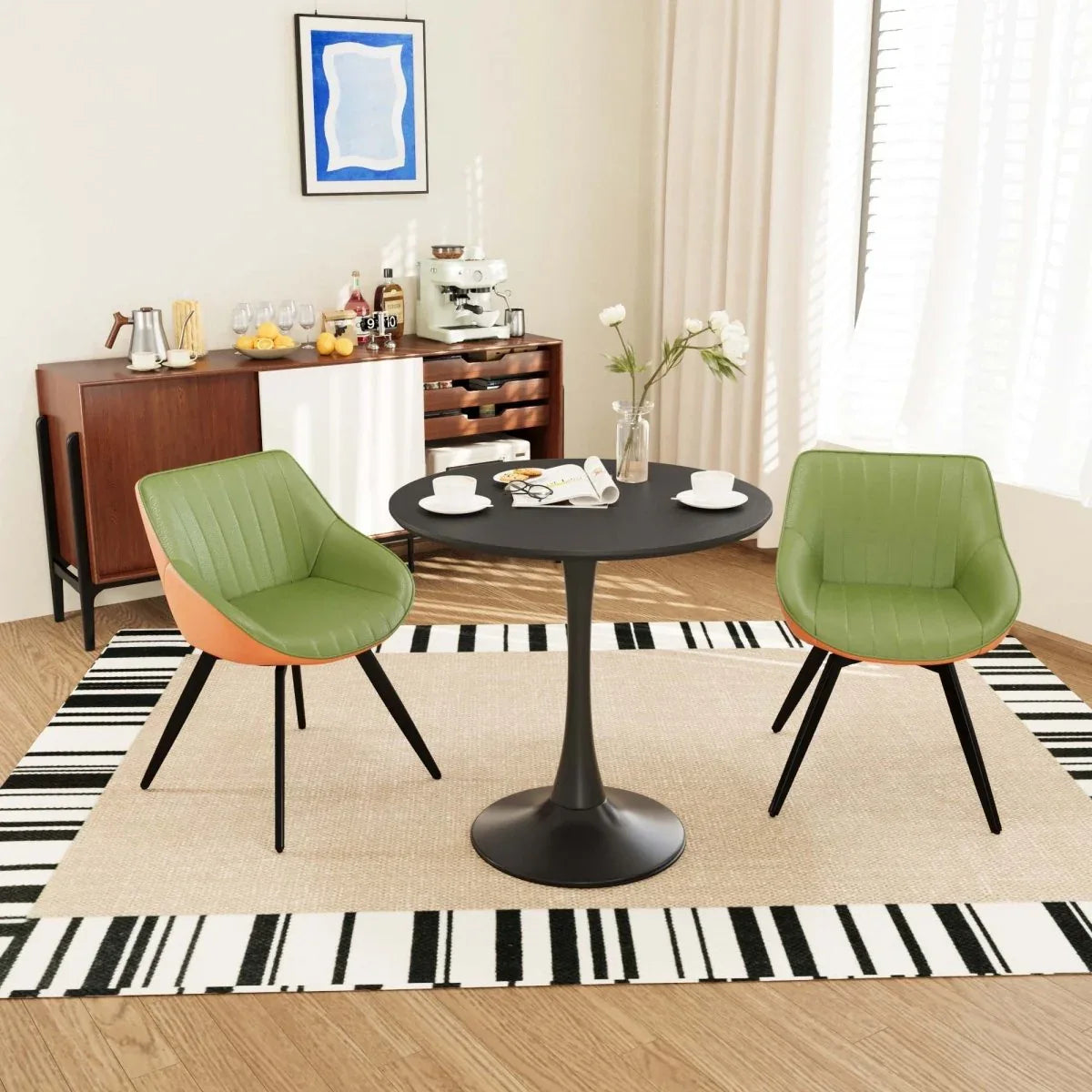Round Tulip Dining Table With 2 Cushioned PU Chairs Set - Omega Lifestyles