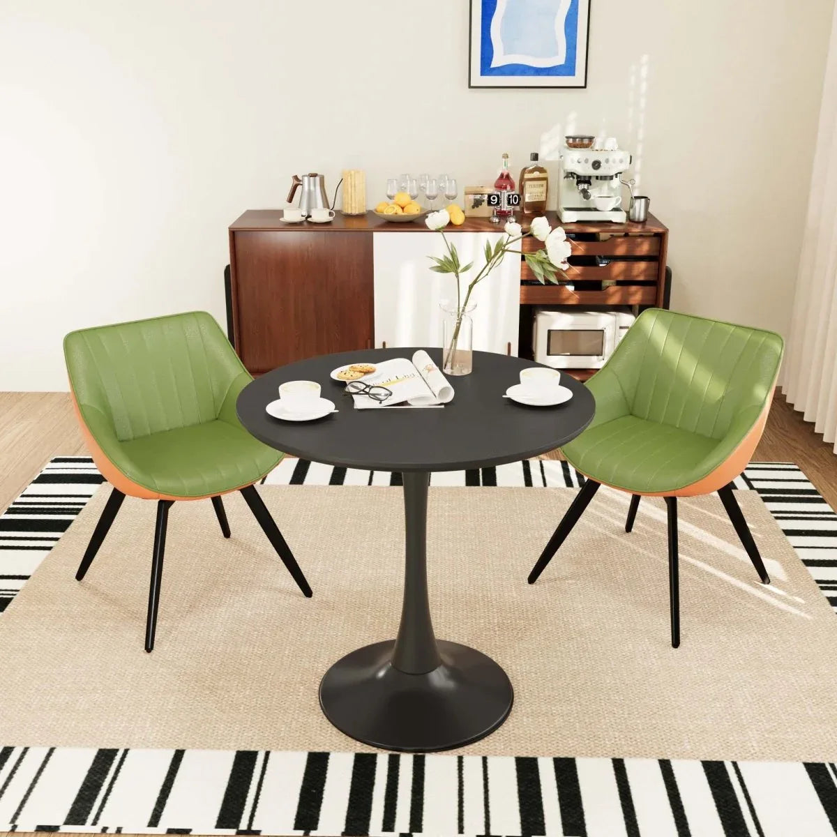 Round Tulip Dining Table With 2 Cushioned PU Chairs Set - Omega Lifestyles