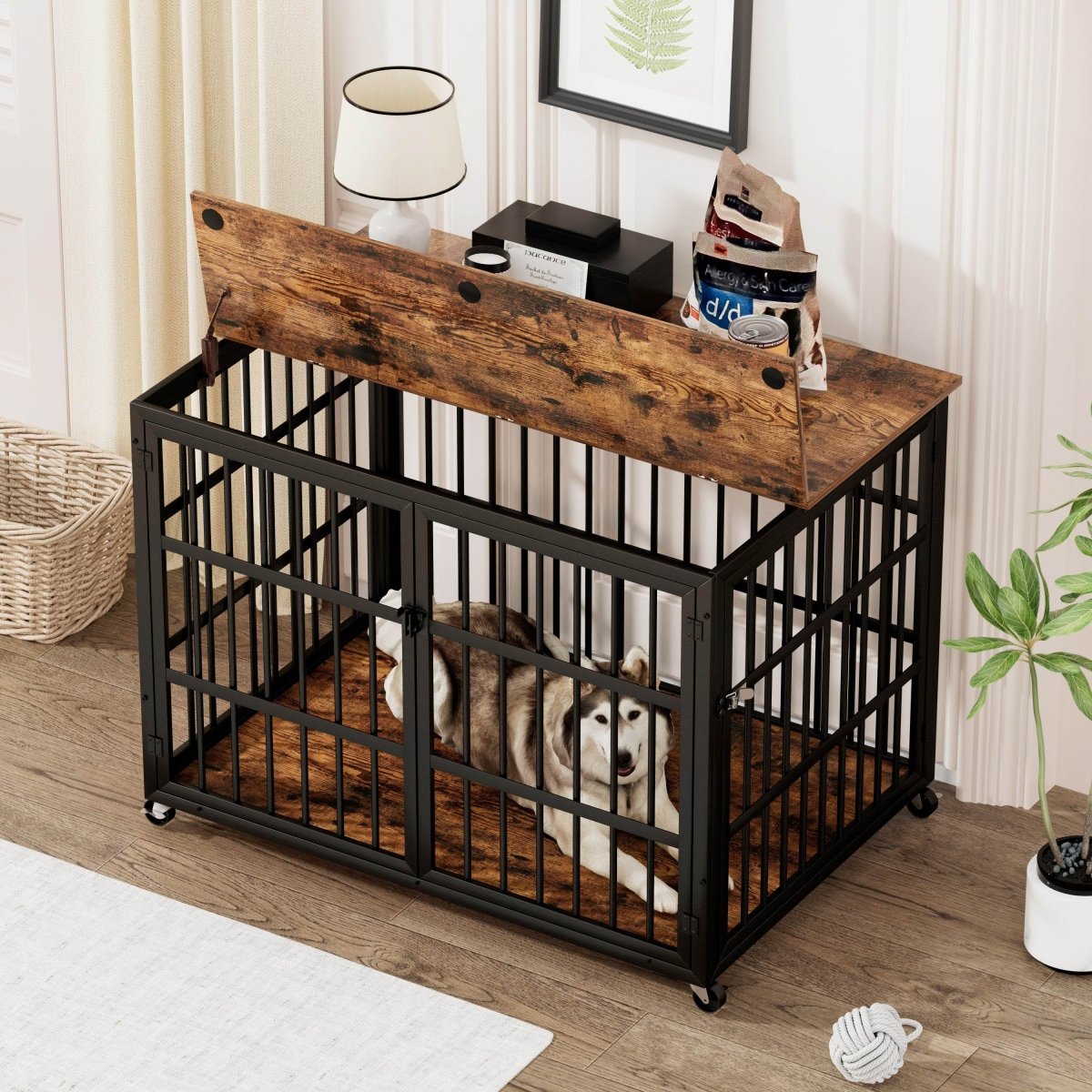 Rustic Brown Furniture Style Dog Crate With Wheels - Sleep Galleria