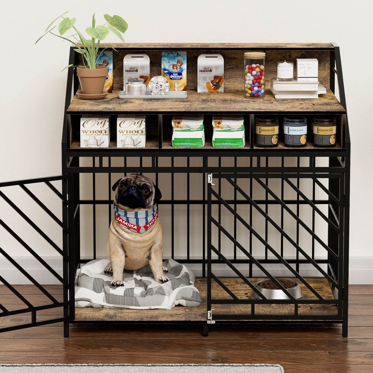 Rustic Brown MDF Iron Large Dog Crate Furniture - Sleep Galleria