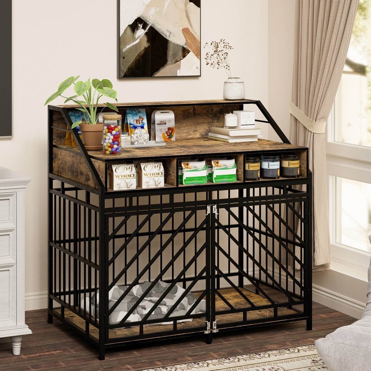 Rustic Brown MDF Iron Large Dog Crate Furniture - Sleep Galleria