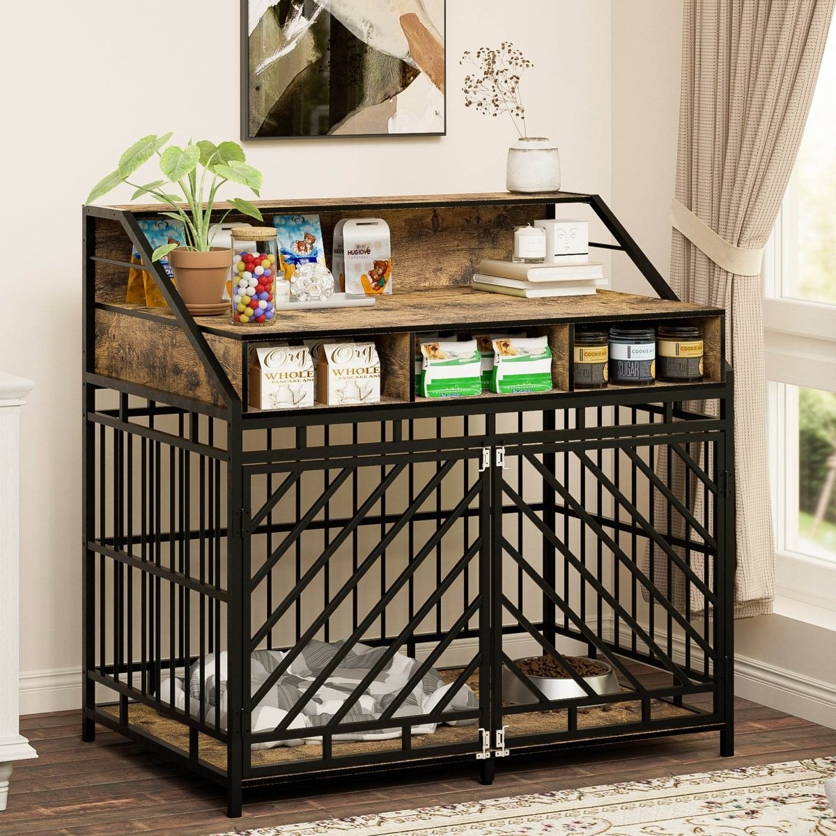 Rustic Brown MDF Iron Large Dog Crate Furniture - Sleep Galleria