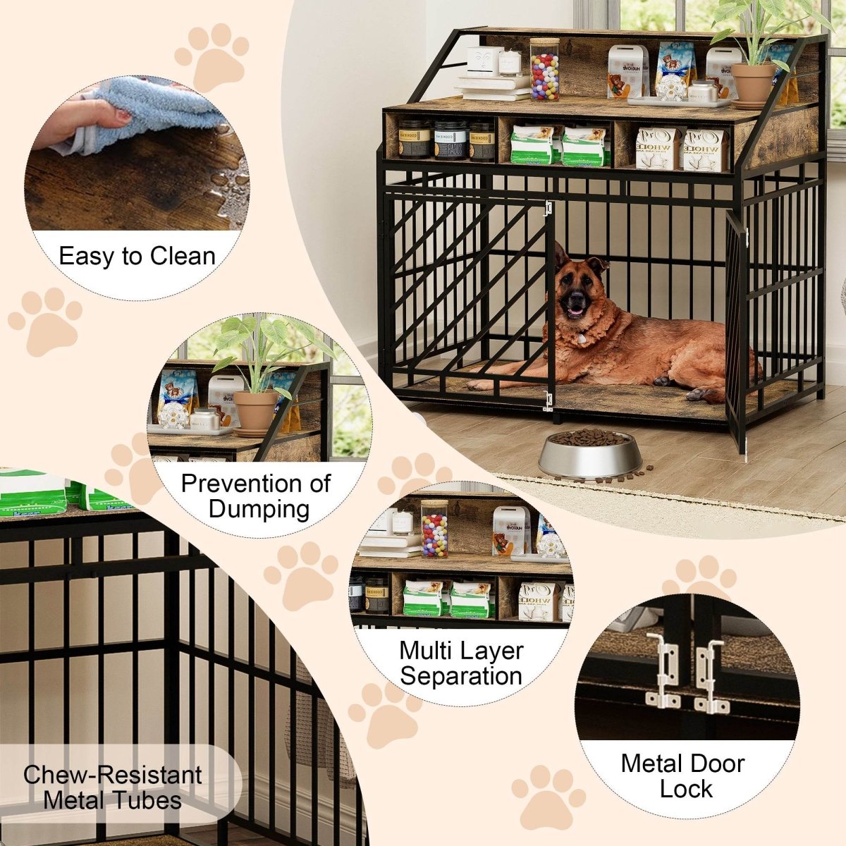Rustic Brown MDF Iron Large Dog Crate Furniture - Sleep Galleria