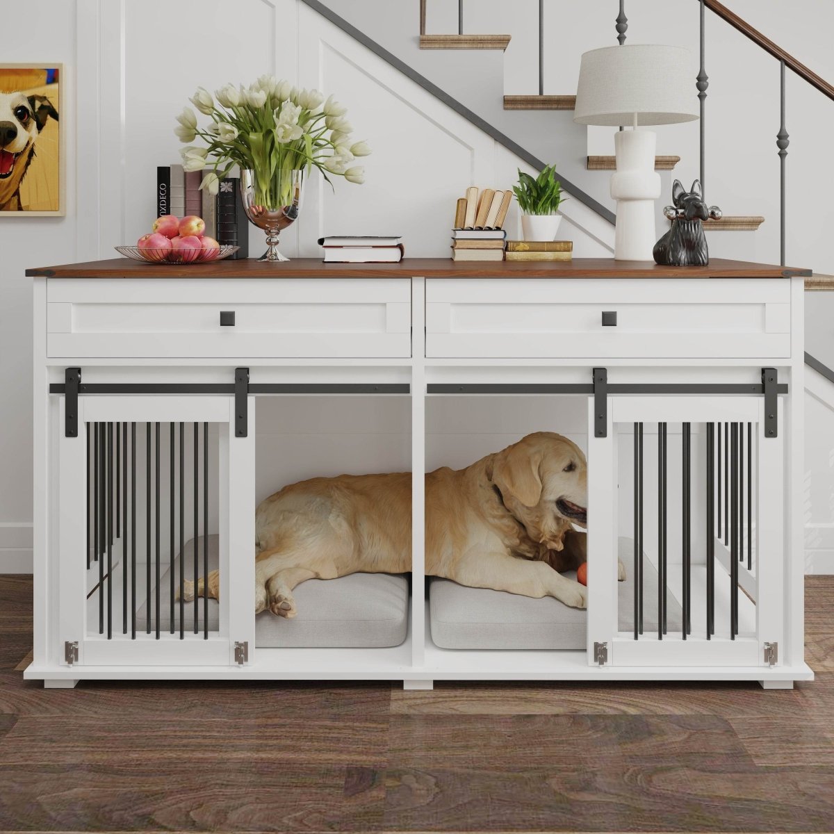 Rustic Large Double Dog Crate Furniture With Drawers - Omega Lifestyles