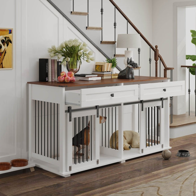 Rustic Large Double Dog Crate Furniture With Drawers - Omega Lifestyles