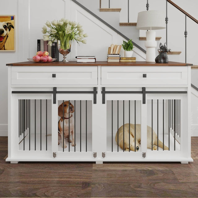 Rustic Large Double Dog Crate Furniture With Drawers - Omega Lifestyles