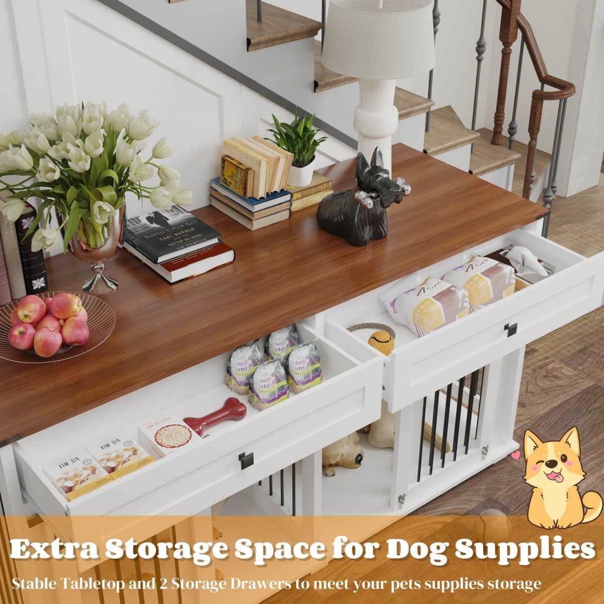 Rustic Large Double Dog Crate Furniture With Drawers - Omega Lifestyles