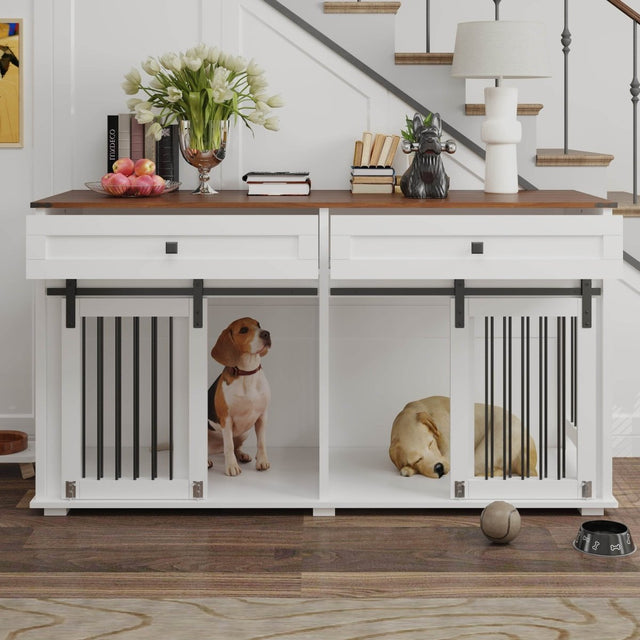 Rustic Large Double Dog Crate Furniture With Drawers - Omega Lifestyles