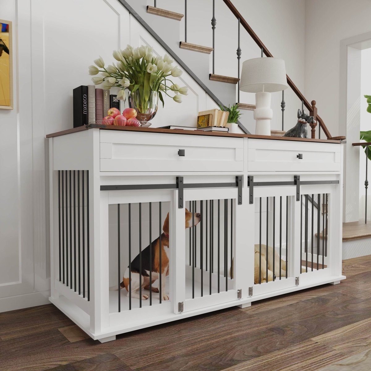 Rustic Large Double Dog Crate Furniture With Drawers - Omega Lifestyles