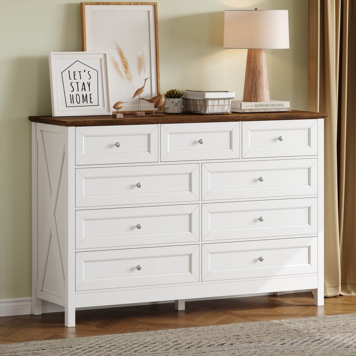 Rustic White Pine Wood 9 - Drawer Bedroom Dresser - Serenova - Omega Lifestyles