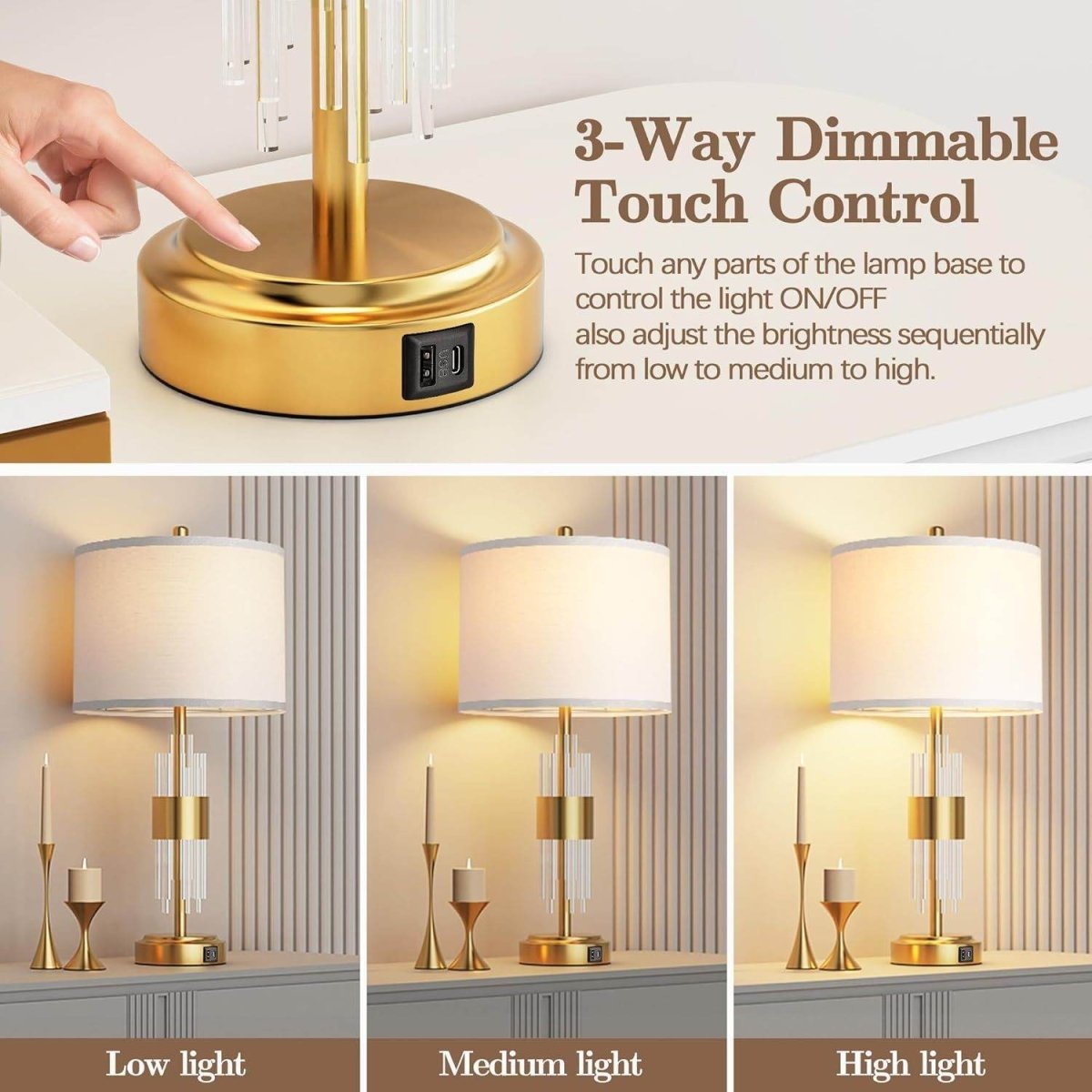 Set Of 2 Brushed Gold Metal Touch Control Lamps - Omega Lifestyles