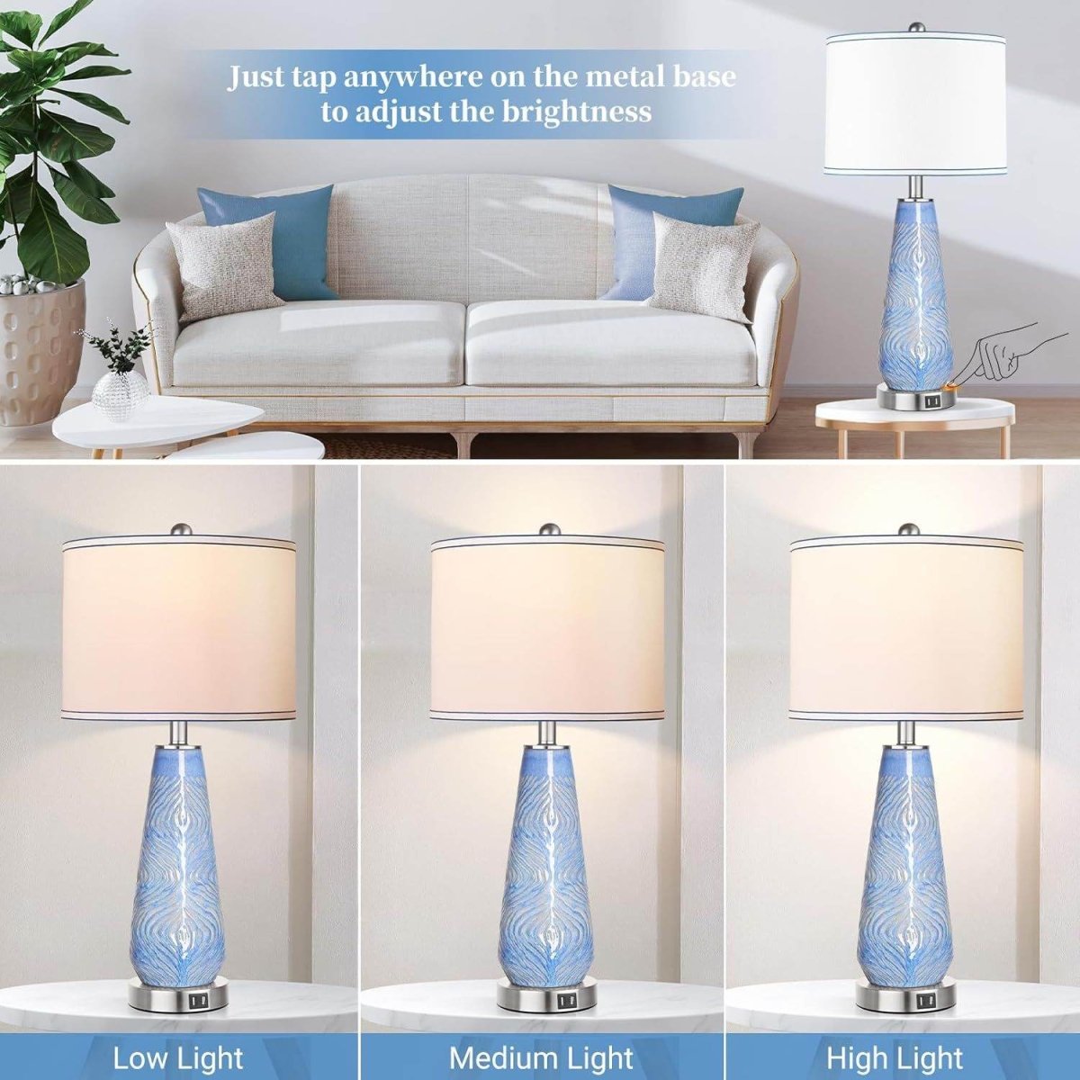 Set Of 2 Modern Blue Ceramic Touch Control Table Lamps - Sleep Galleria