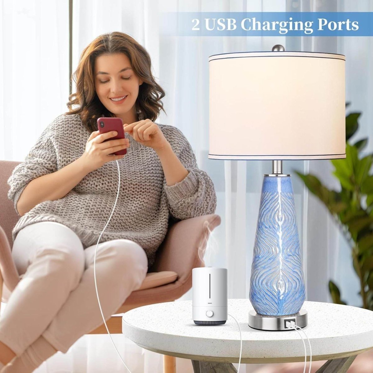 Set Of 2 Modern Blue Ceramic Touch Control Table Lamps - Sleep Galleria