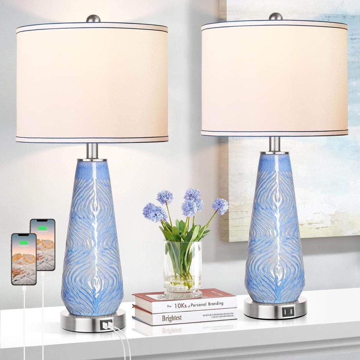 Set Of 2 Modern Blue Ceramic Touch Control Table Lamps - Sleep Galleria