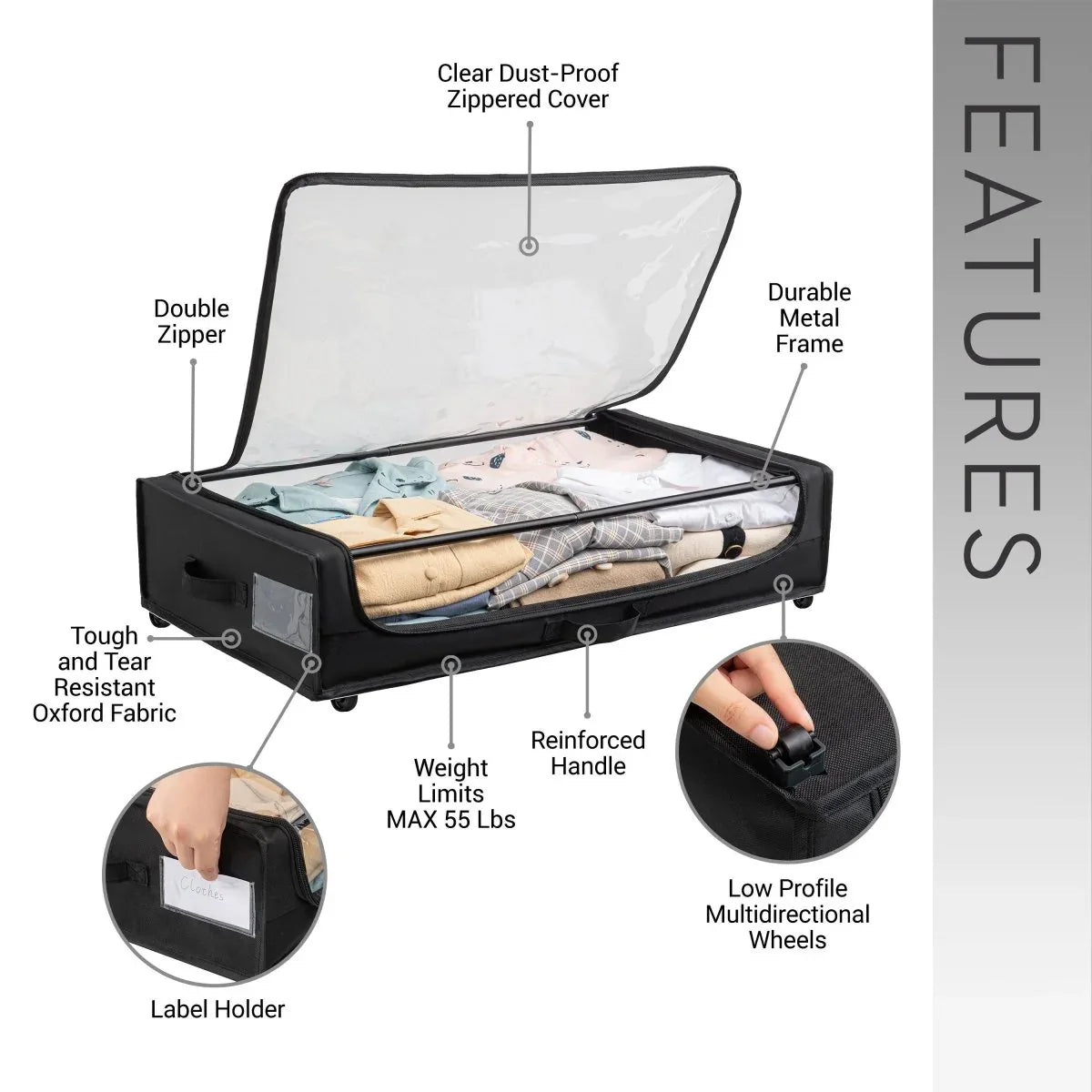 Set of 2 Under-Bed Rolling Storage Containers With Transparent Cover - Omega Lifestyles