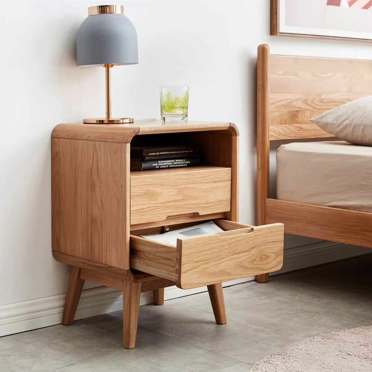 Solid Oak Wood 2-Drawer Modern Bedroom Nightstand - Omega Lifestyles