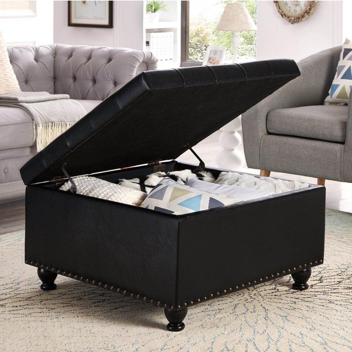 Square Storage Ottoman With Tufted Faux Leather Seat - Sleep Galleria