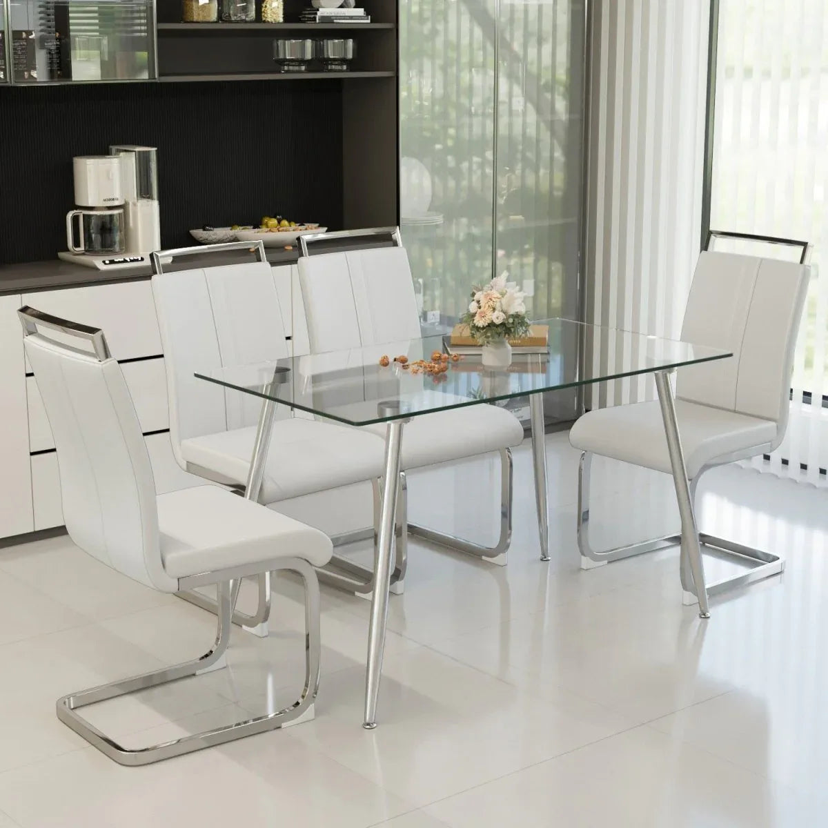 Tempered Glass Dining Table Set With Four PU Chairs - Omega Lifestyles