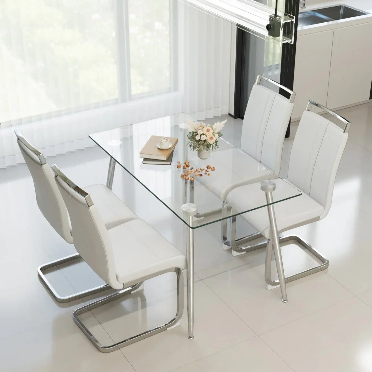 Tempered Glass Dining Table Set With Four PU Chairs - Omega Lifestyles