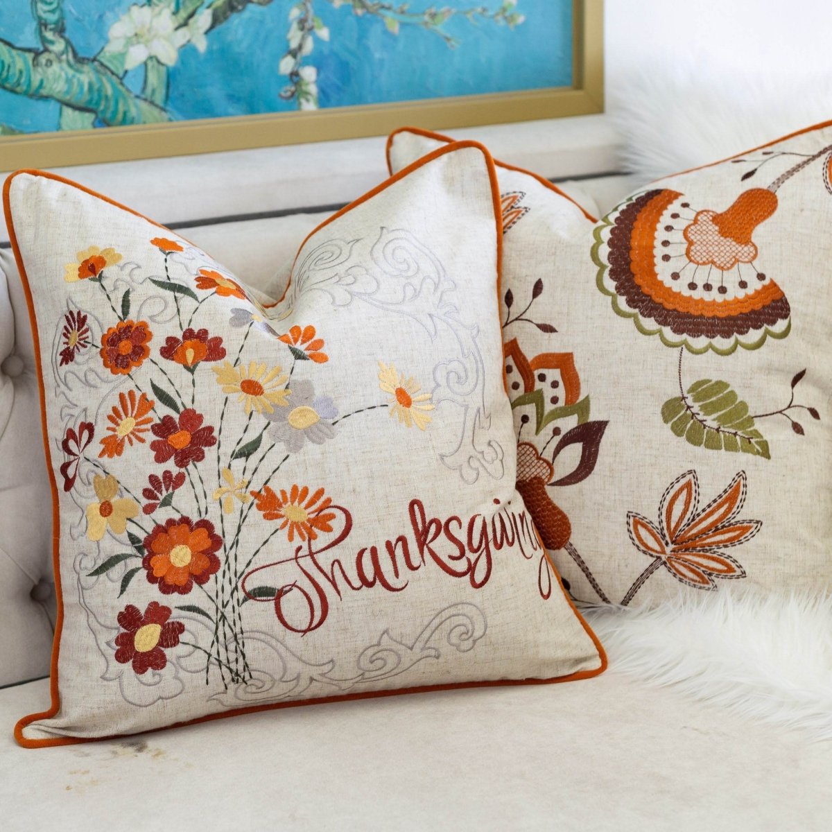 Thanksgiving Embroidered Autumn Harvest 20x20 Throw Pillow - Serenova - Omega Lifestyles
