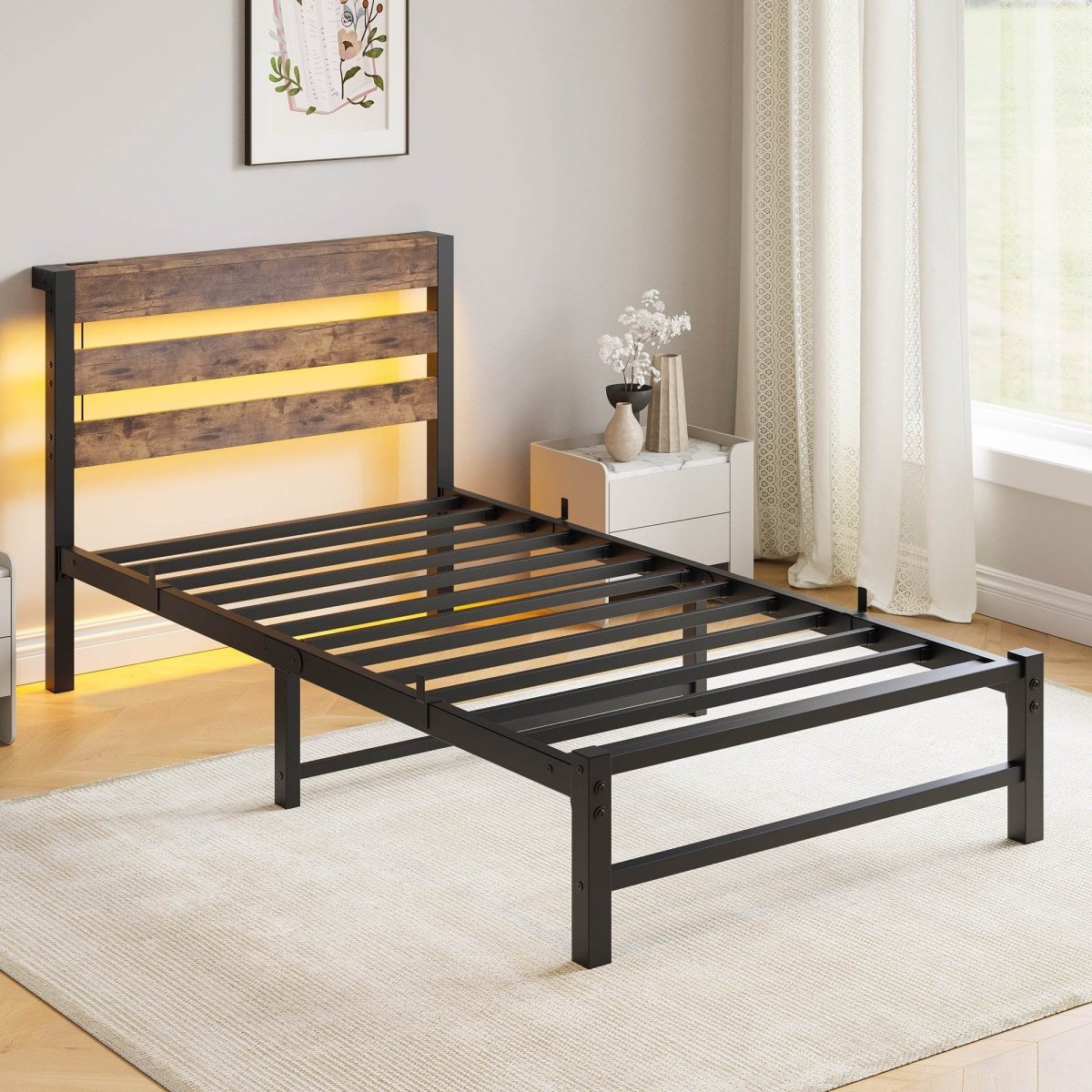 Twin Heavy Duty LED Platform Bed Frame With USB Charging - Serenova - Omega Lifestyles
