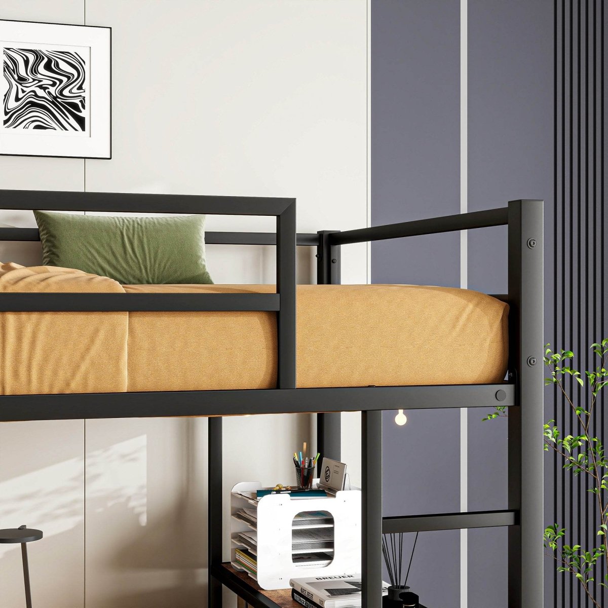 Twin Metal Loft Bed Frame With L-Shaped Desk And Charging - Omega Lifestyles