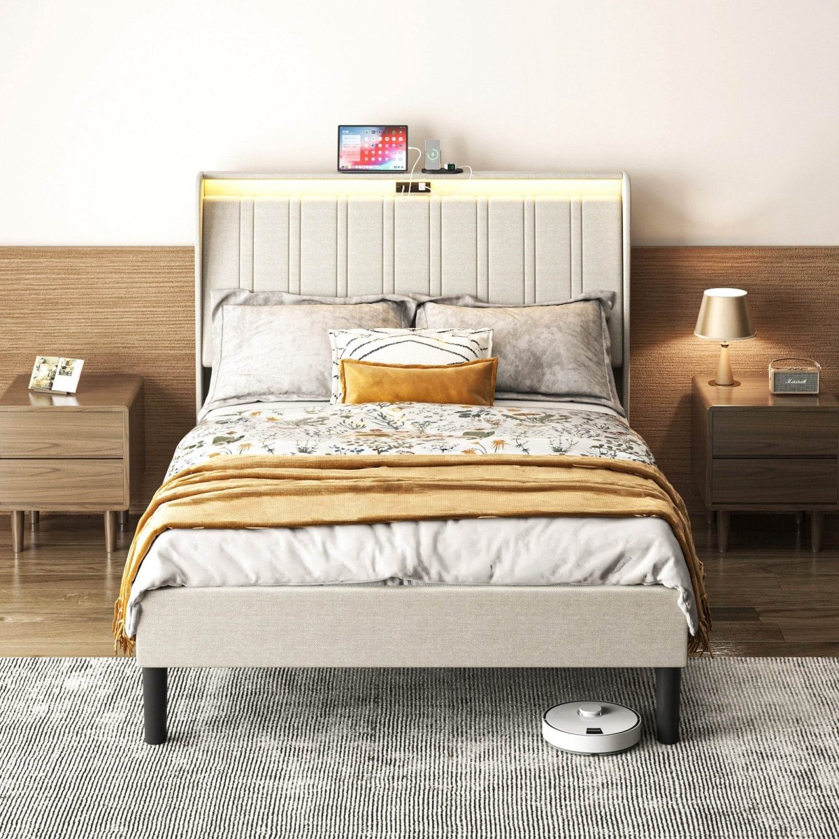 Twin Metal Wood Platform Bed Frame With Upholstered Headboard - Serenova - Omega Lifestyles