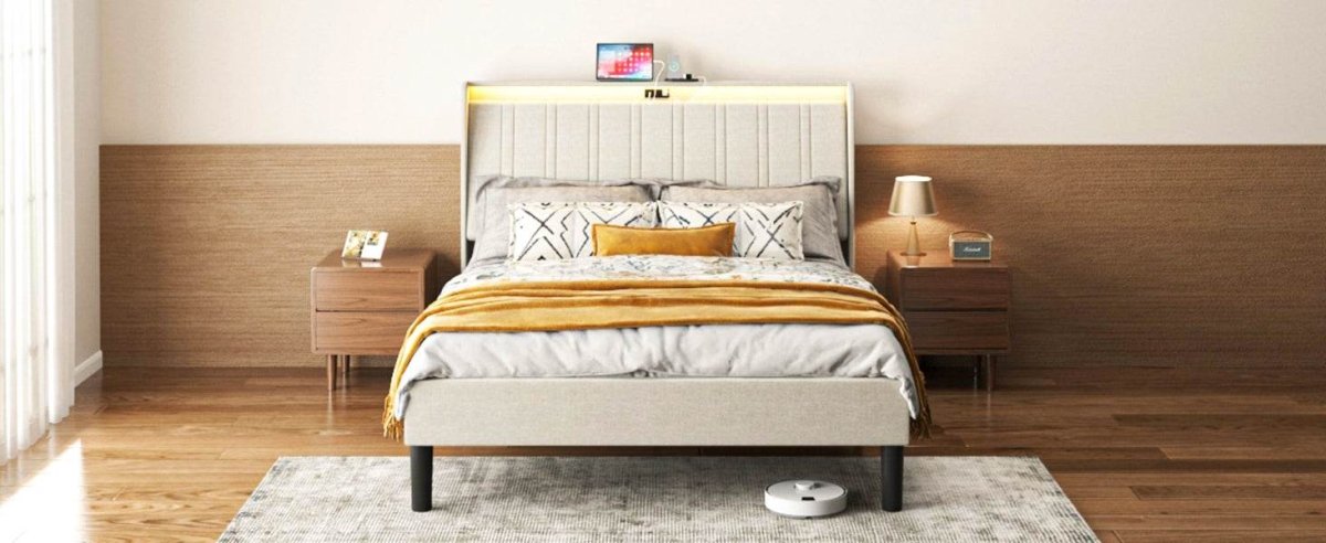 Twin Metal Wood Platform Bed Frame With Upholstered Headboard - Serenova - Omega Lifestyles