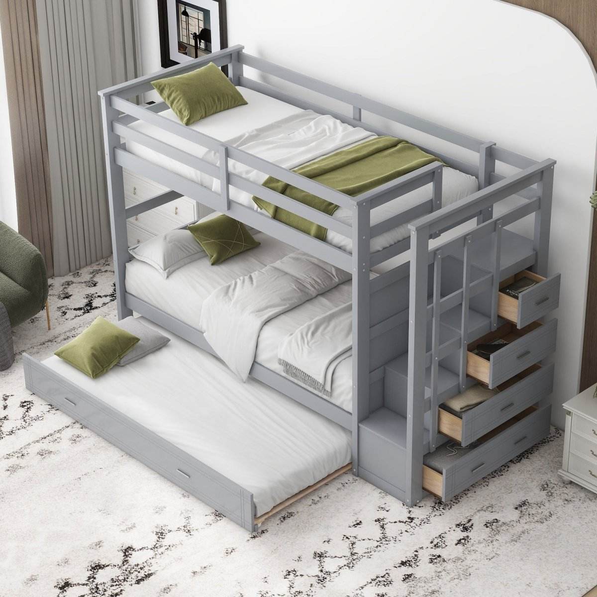 Twin-Over-Twin Solid Wood Bunk Bed With Trundle - Sleep Galleria