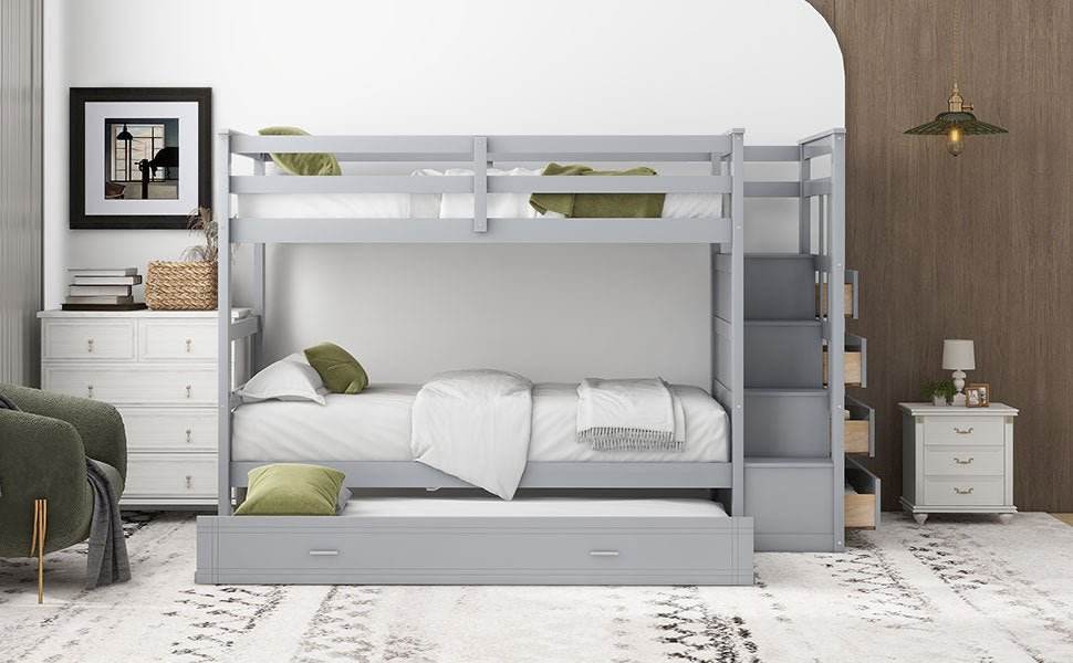 Twin-Over-Twin Solid Wood Bunk Bed With Trundle - Sleep Galleria