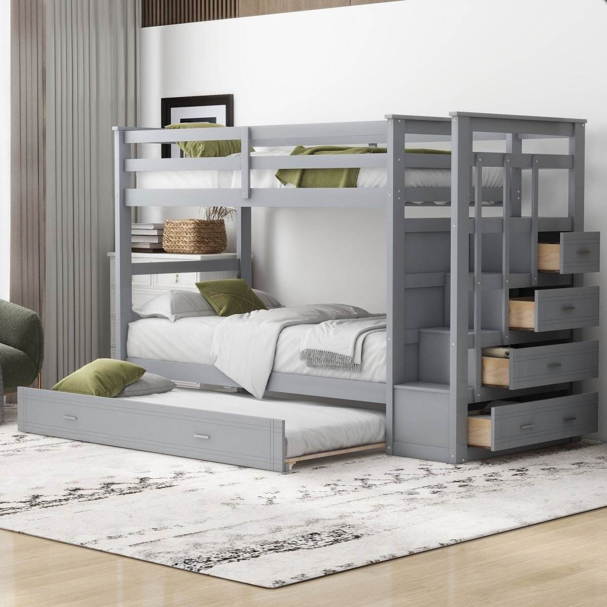 Twin-Over-Twin Solid Wood Bunk Bed With Trundle - Sleep Galleria