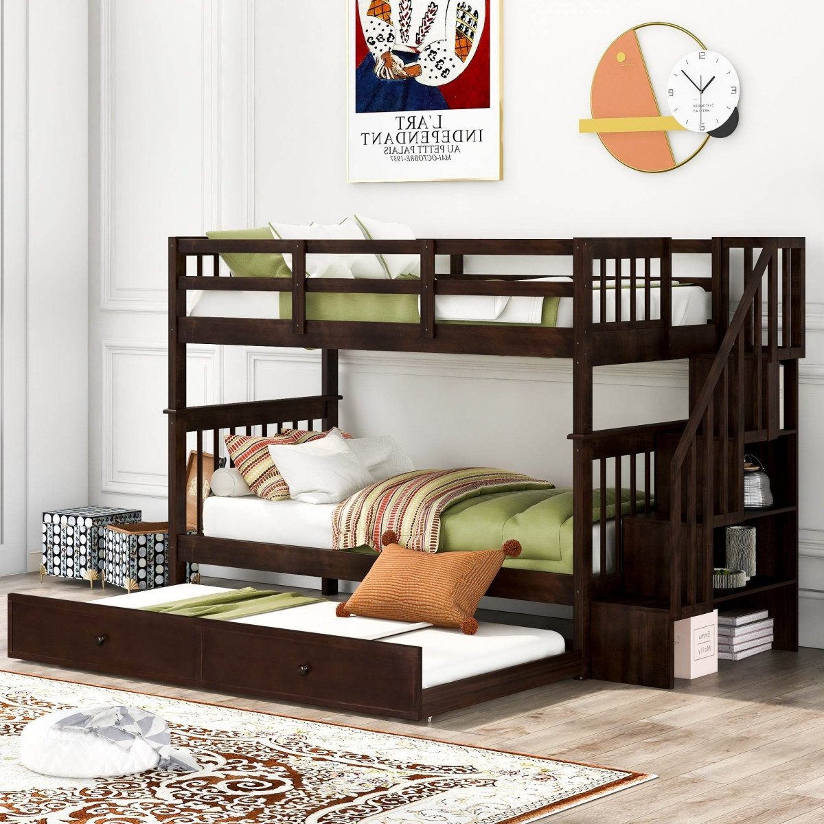 Twin - Over - Twin Solid Wood Stairway Bunk Bed With Trundle - Serenova - Omega Lifestyles