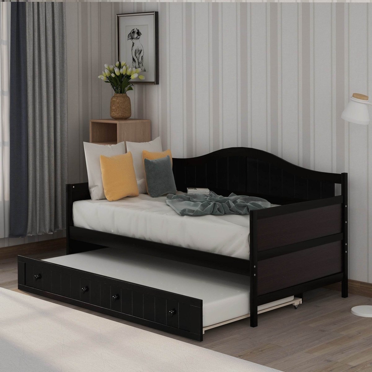 Twin Solid Wood Espresso Daybed With Trundle Bed Frame - Serenova - Omega Lifestyles