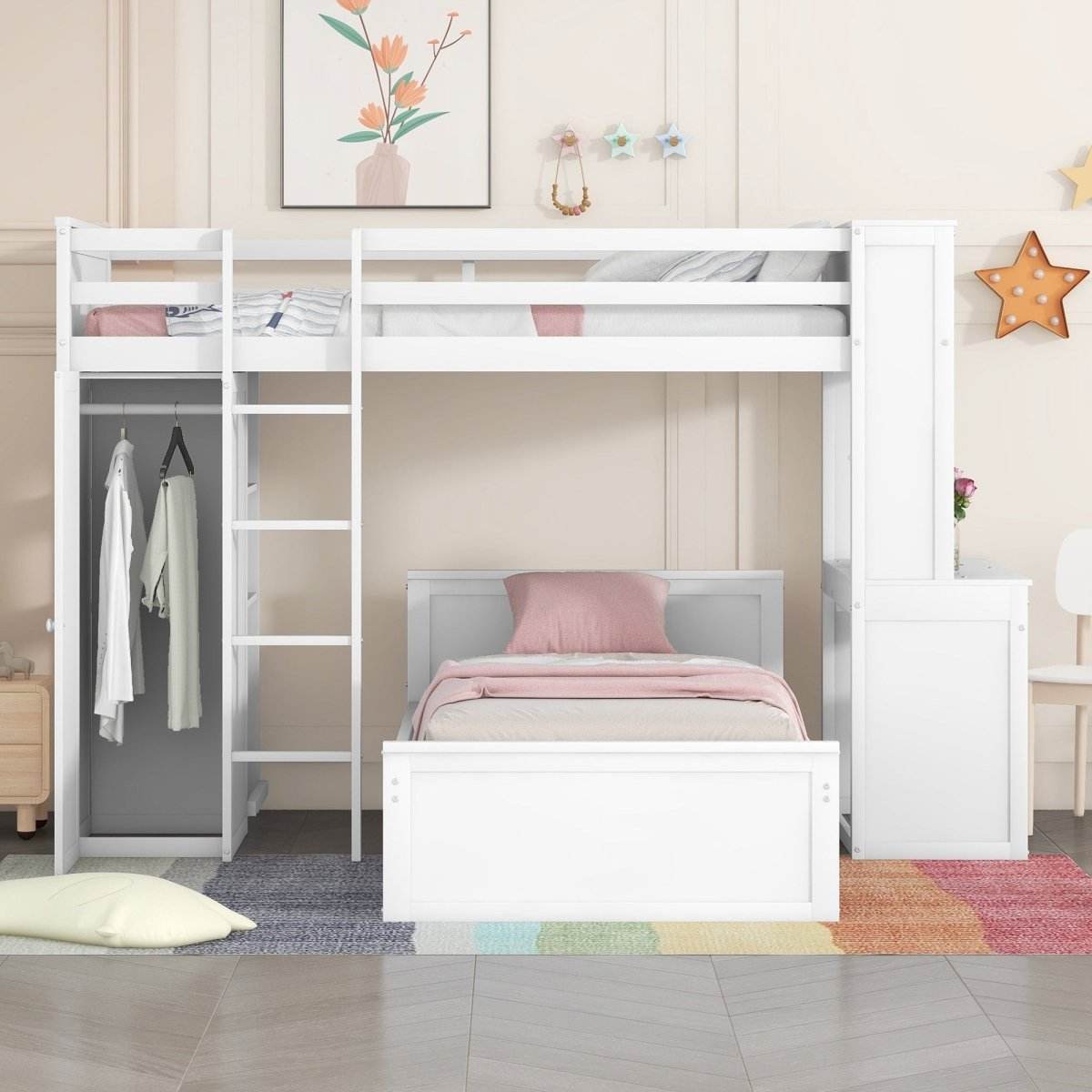 Twin Solid Wood Loft Bed With Desk Wardrobe - Sleep Galleria