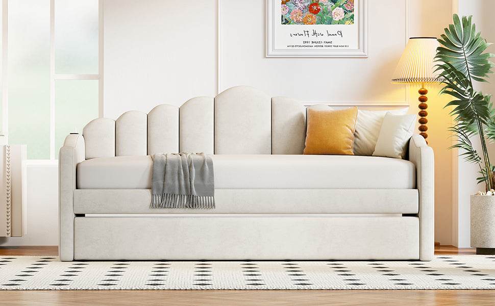 Twin Velvet Upholstered Daybed With Trundle And USB Ports - Sleep Galleria