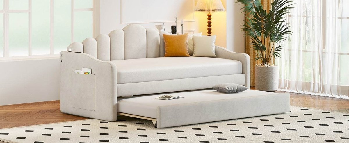 Twin Velvet Upholstered Daybed With Trundle And USB Ports - Sleep Galleria